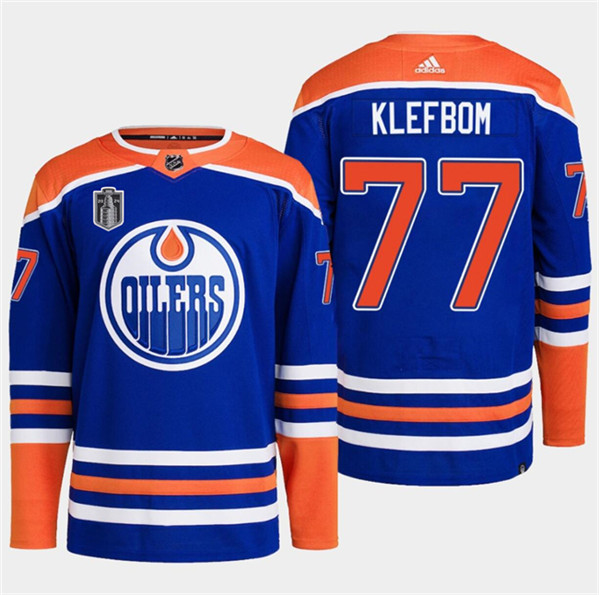 Men's Edmonton Oilers #77 Oscar Klefbom Royal 2024 Stanley Cup Final Patch Stitched Jersey