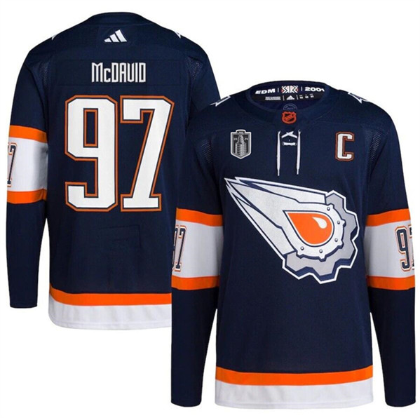 Men's Edmonton Oilers #97 Connor McDavid Navy 2024 Stanley Cup Final Patch Reverse Retro Stitched Jersey