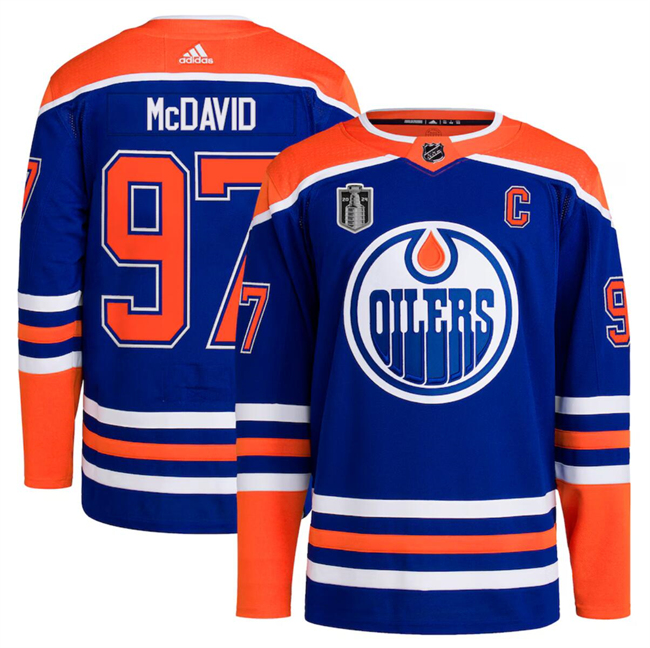 Men's Edmonton Oilers #97 Connor McDavid Royal 2024 Stanley Cup Final Patch Stitched Jersey