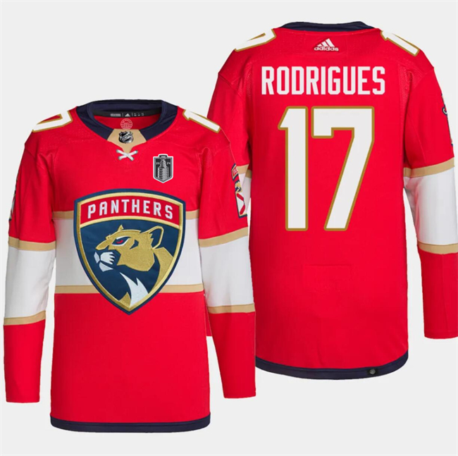 Men's Florida Panthers #17 Evan Rodrigues Red 2024 Stanley Cup Final Patch Stitched Jersey