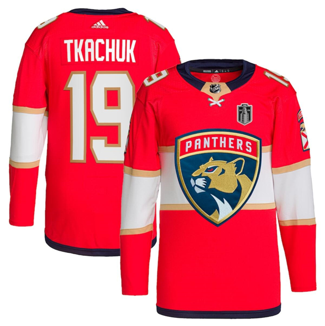 Men's Florida Panthers #19 Matthew Tkachuk Red 2024 Stanley Cup Final Patch Stitched Jersey