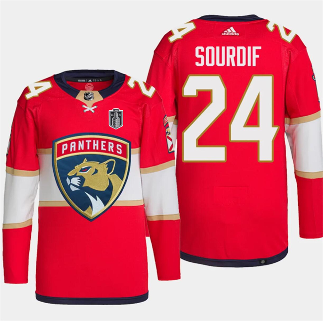 Men's Florida Panthers #24 Justin Sourdif Red 2024 Stanley Cup Final Stitched Jersey