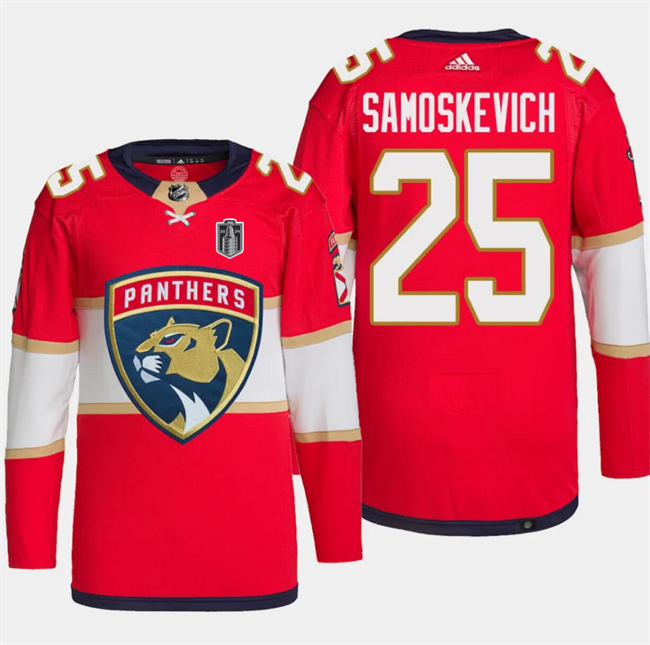 Men's Florida Panthers #25 Mackie Samoskevich Red 2024 Stanley Cup Final Patch Stitched Jersey