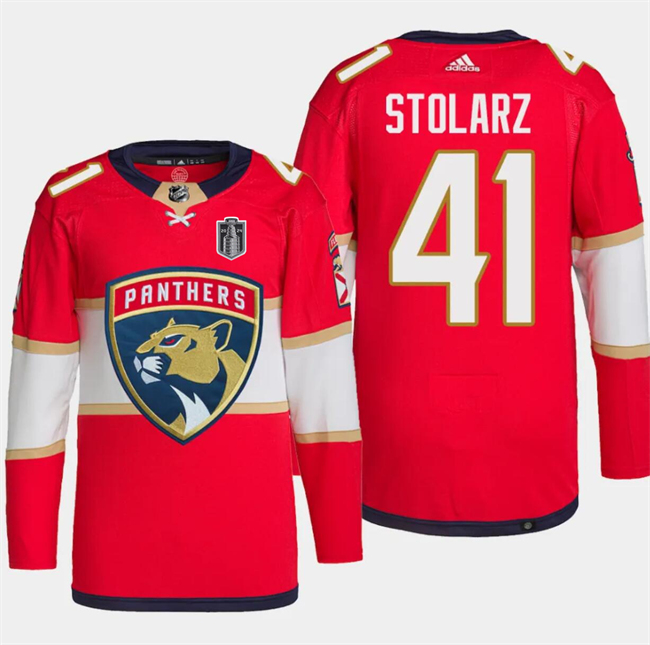 Men's Florida Panthers #41 Anthony Stolarz Red 2024 Stanley Cup Final Patch Stitched Jersey