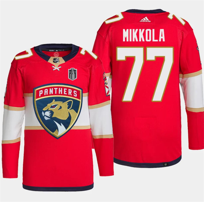 Men's Florida Panthers #77 Niko Mikkola Red 2024 Stanley Cup Final Patch Stitched Jersey