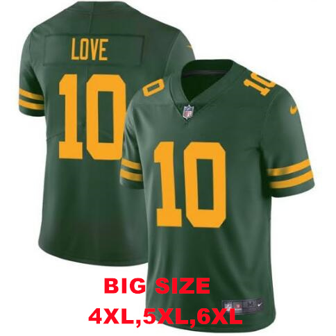 Men's Green Bay Packers #10 Jordan Love Green Color Rush Vapor Limited Stitched Football 4XL 5XL 6XL Jersey-Big Size