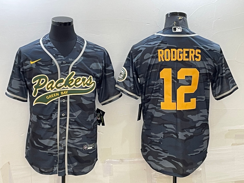 Men's Green Bay Packers #12 Aaron Rodgers Grey Gold Camo With Patch Cool Base Stitched Baseball Jersey