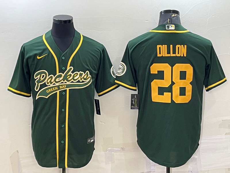 Men's Green Bay Packers #28 AJ Dillon Green Yellow With Patch Cool Base Stitched Baseball Jersey