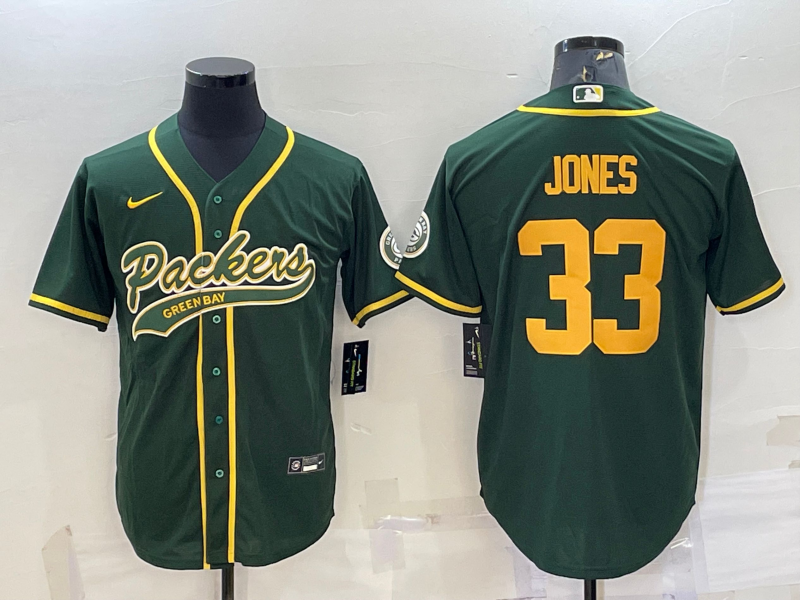 Men's Green Bay Packers #33 Aaron Jones Green Yellow With Patch Cool Base Stitched Baseball Jersey