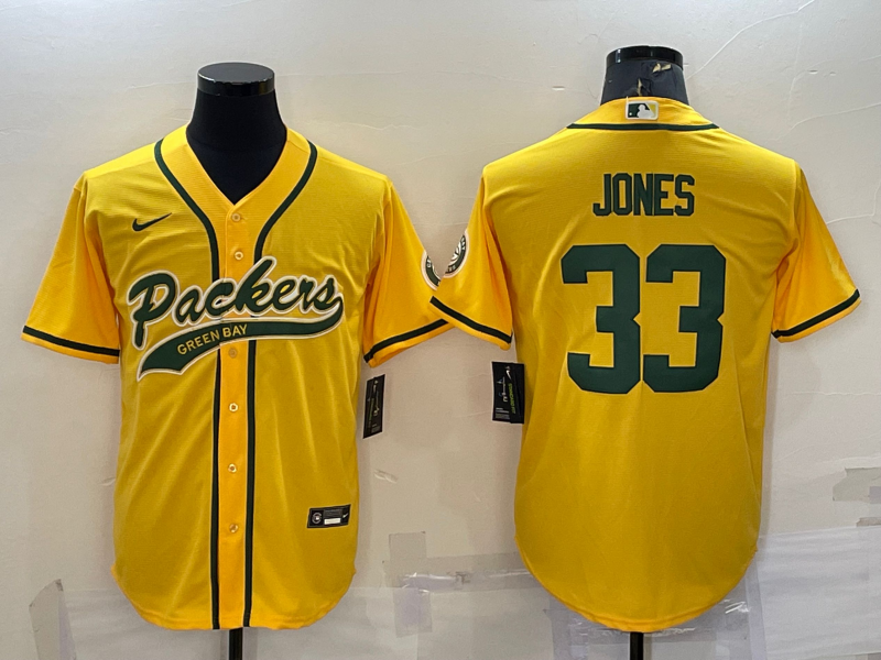 Men's Green Bay Packers #33 Aaron Jones Yellow With Patch Cool Base Stitched Baseball Jersey