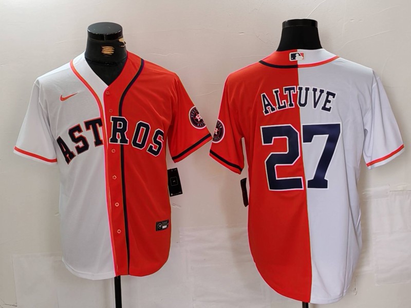 Men's Houston Astros #27 Jose Altuve White Orange Blue Number Split Stitched Baseball Jersey