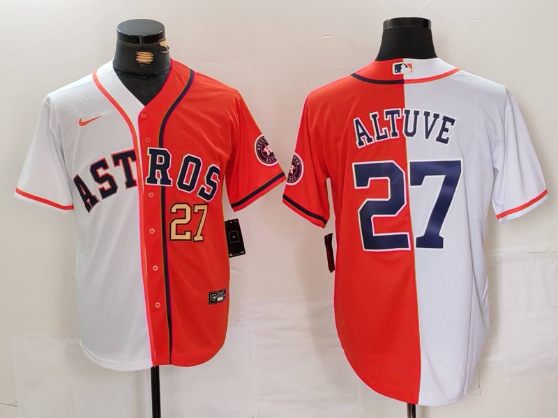Men's Houston Astros #27 Jose Altuve White Orange Blue Number Split Stitched Baseball Jerseys