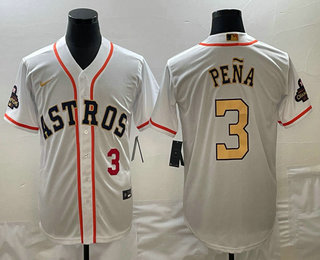 Men's Houston Astros #3 Jeremy Pena 2023 White Gold World Serise Champions Patch Cool Base Stitched Jerseys