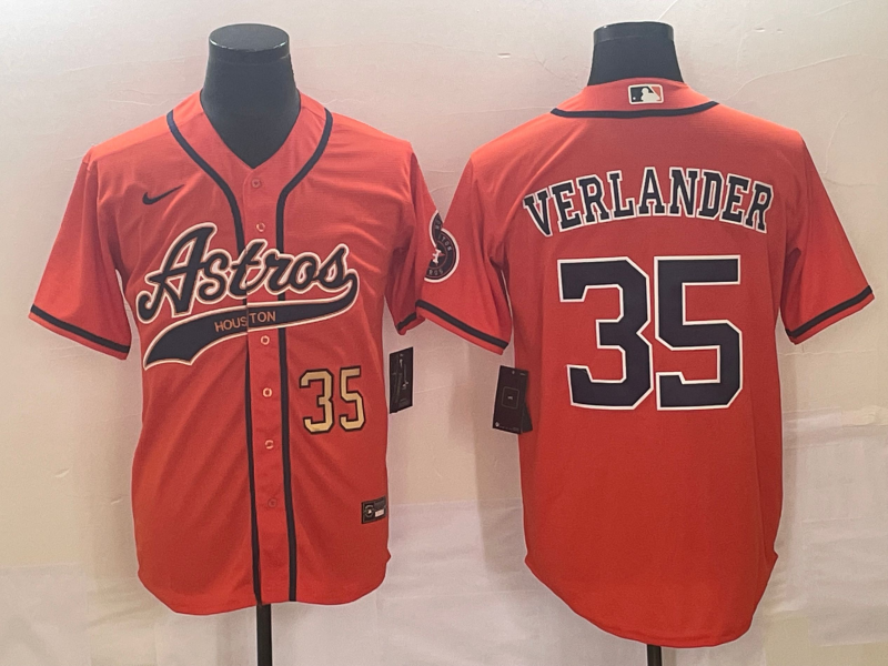 Men's Houston Astros #35 Justin Verlander Number Orange With Patch Cool Base Stitched Baseball Jersey