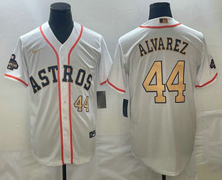 Men's Houston Astros #44 Yordan Alvarez Number 2023 White Gold World Serise Champions Patch Cool Base Stitched Jersey