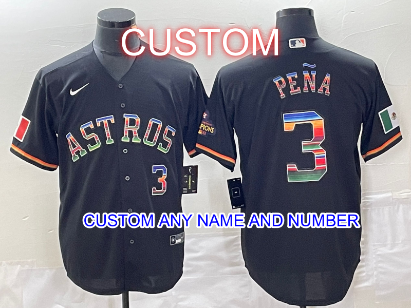 Youth/Women/Men's Houston Astros Custom Mexico Number Black Rainbow World Serise Champions Patch Unisex Cool Base Stitched Jersey