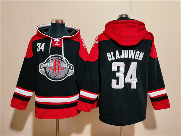 Men's Houston Rockets #34 Hakeem Olajuwon Black Red Lace-Up Pullover Hoodie