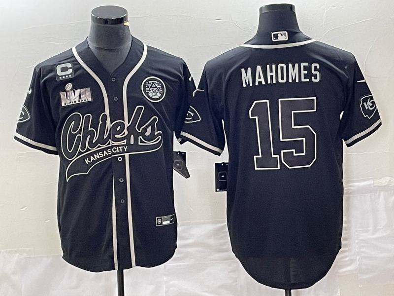 Men's Kansas City Chiefs #15 Patrick Mahomes Black C Patch Super Bowl LVII Cool Base Stitched Baseball Jersey