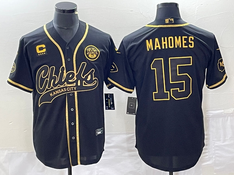 Men's Kansas City Chiefs #15 Patrick Mahomes Black Gold C Patch Cool Base Stitched Baseball Jersey