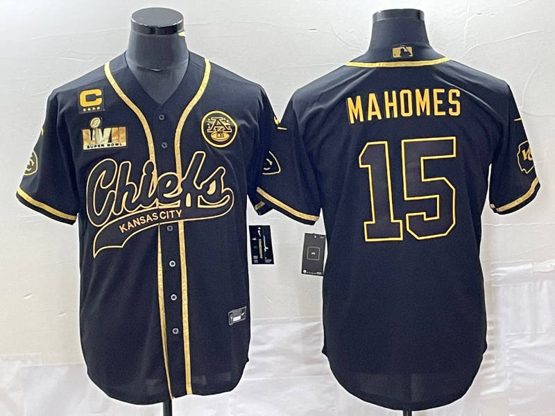 Men's Kansas City Chiefs #15 Patrick Mahomes Black Gold C Patch Super Bowl LVII Cool Base Stitched Baseball Jersey