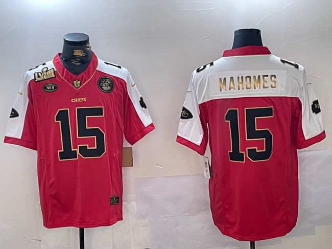 Men's Kansas City Chiefs #15 Patrick Mahomes Red With Gold Super Bowl LVIII Patch Limited Stitched Football Jersey