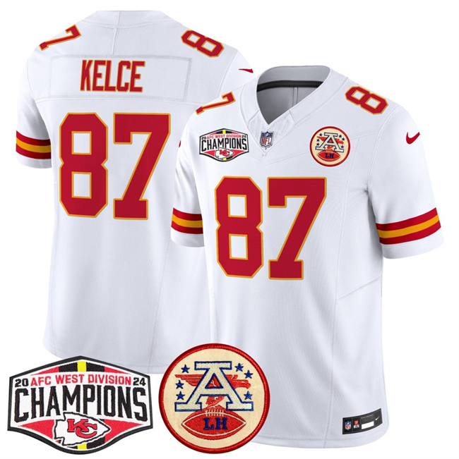 Men's Kansas City Chiefs #87 Travis Kelce White F.U.S.E. 2024 AFC West Division Champions Vapor Limited Stitched Football Jersey