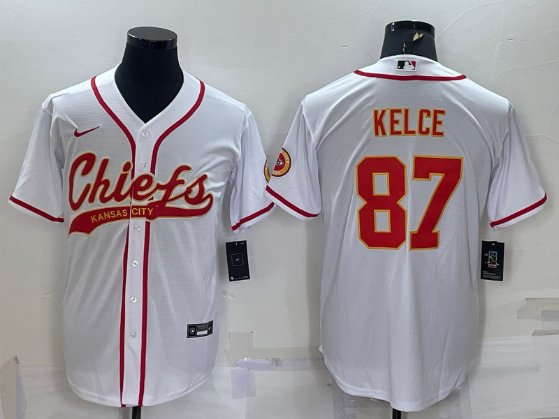 Men's Kansas City Chiefs #87 Travis Kelce White With Patch Cool Base Stitched Baseball Jersey