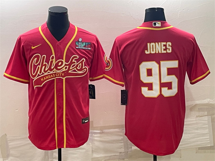 Men's Kansas City Chiefs #95 Chris Jones Red With Super Bowl LVII Patch Cool Base Stitched Baseball Jersey