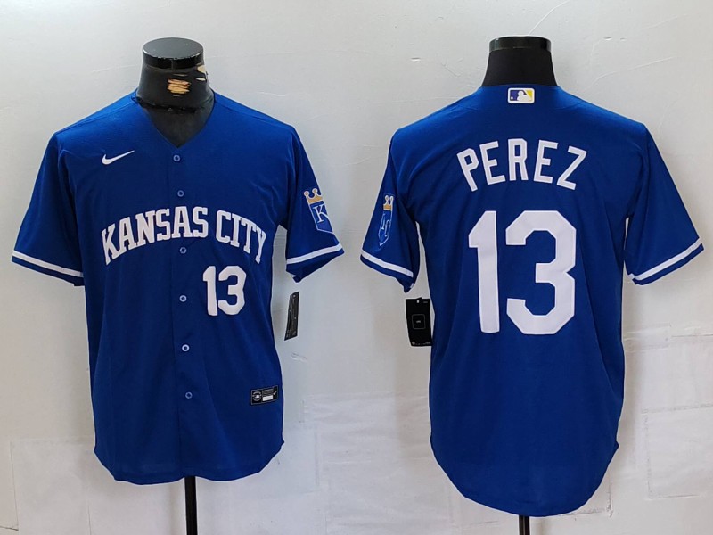 Men's Kansas City Royals #13 Salvador Perez Number Royal Cool Base Stitched Jersey