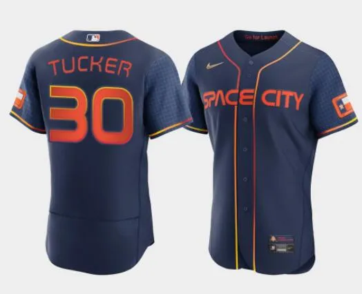 Men's Kyle Tucker Houston Astros #30 Navy Flex Base 2022 Space City Connect Stitched Jersey