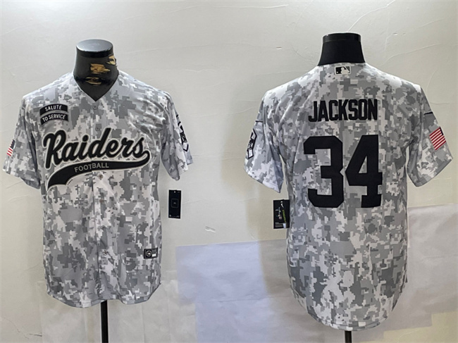 Men's Las Vegas Raiders #34 Bo Jackson 2024 Arctic Camo Salute To Service Stitched Baseball Jersey