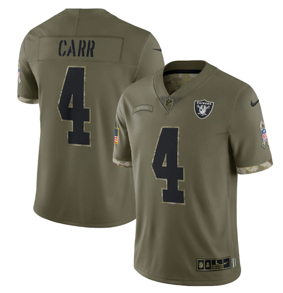 Men's Las Vegas Raiders #4 Derek Carr 2022 Olive Salute To Service Limited Stitched Jersey