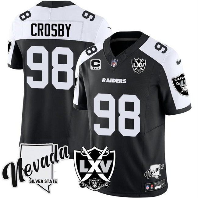 Men's Las Vegas Raiders #98  Black White 2024 F.U.S.E With Nevada Silver Stat Patch And 65th Anniversary Patch 3-Star C Patch Stitched Football Jersey