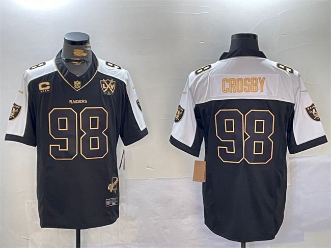 Men's Las Vegas Raiders #98 Maxx Crosby Black Gold F.U.S.E. With Nevada Silver Stat Patch And 65th Anniversary Patch