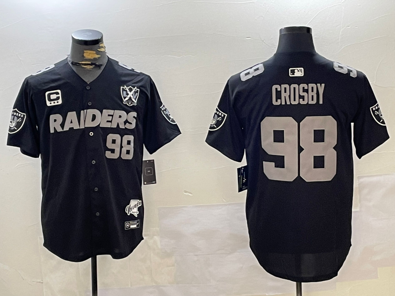 Men's Las Vegas Raiders #98 Maxx Crosby Black Nevada Silver State And 65th Patch Stitched Baseball Jersey