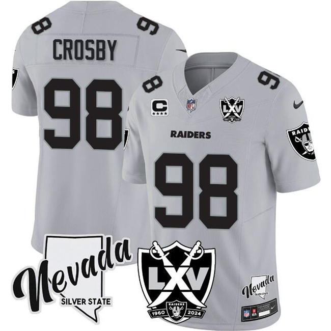 Men's Las Vegas Raiders #98 Maxx Crosby Grey 2024 F.U.S.E With Nevada Silver Stat Patch And 65th Anniversary Patch 4-Star C Patch Stitched Football Jersey