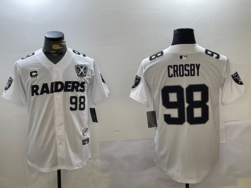 Men's Las Vegas Raiders #98 Maxx Crosby White Nevada Silver State And 65th Patch Stitched Baseball Jersey