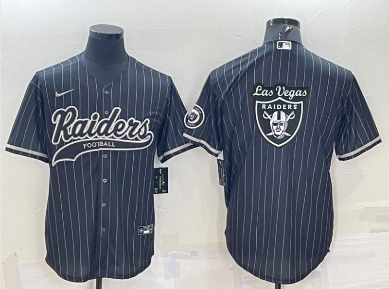 Men's Las Vegas Raiders Black Pinstripe Team Big Logo With Patch Cool Base Stitched Baseball Jersey