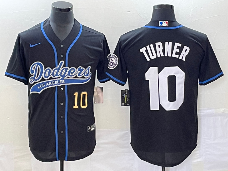 Men's Los Angeles Dodgers #10 Justin Turner Number Black With Patch Cool Base Stitched Baseball Jersey