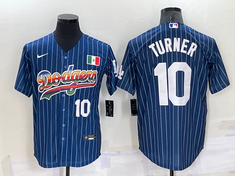 Men's Los Angeles Dodgers #10 Justin Turner Number Rainbow Blue Red Pinstripe Mexico Cool Base Nike Jersey