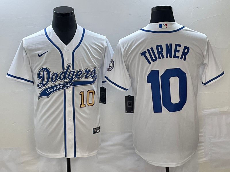 Men's Los Angeles Dodgers #10 Justin Turner Number White With Patch Cool Base Stitched Baseball Jersey