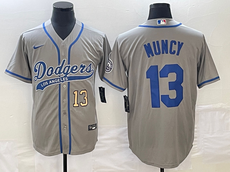 Men's Los Angeles Dodgers #13 Max Muncy Number Grey With Patch Cool Base Stitched Baseball Jersey