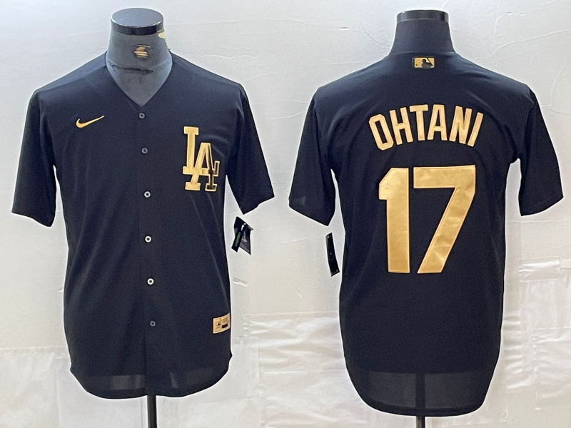 Men's Los Angeles Dodgers #17 Shohei Ohtani Black Gold Cool Base Stitched Jersey