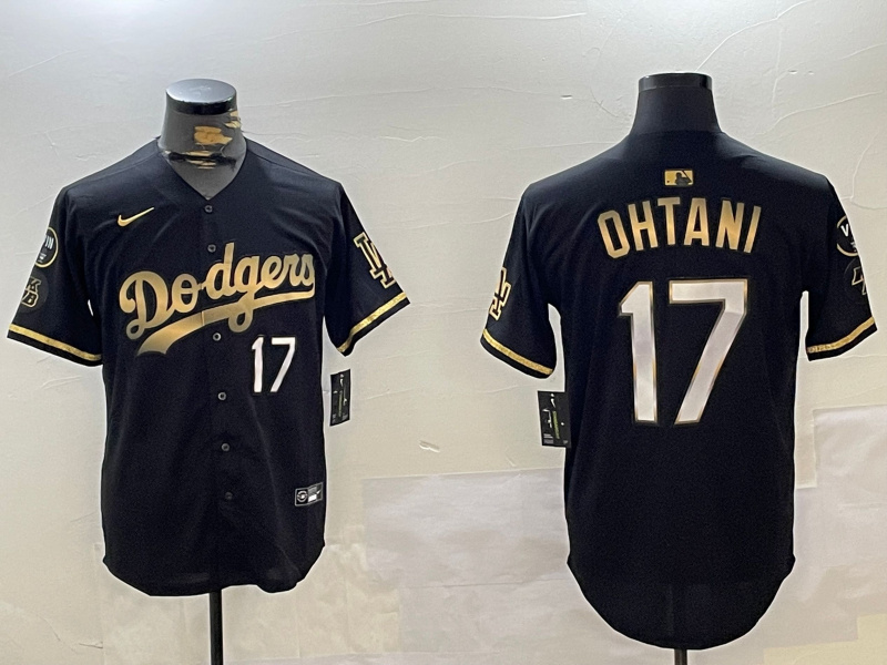 Men's Los Angeles Dodgers #17 Shohei Ohtani Black Gold World Series Champions Cool Base Stitched Baseball Jersey