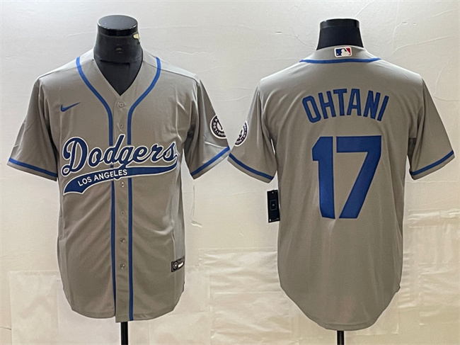 Men's Los Angeles Dodgers #17 Shohei Ohtani Gray Cool Base With Patch Stitched Baseball Jersey1