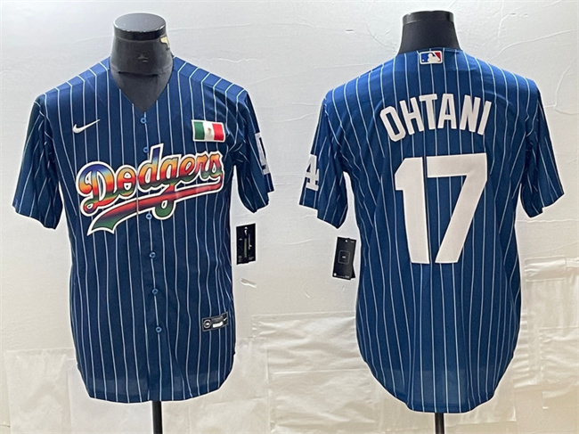 Men's Los Angeles Dodgers #17 Shohei Ohtani Navy Cool Base With Patch Stitched Baseball Jersey1