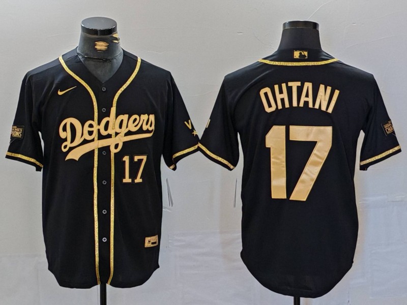 Men's Los Angeles Dodgers #17 Shohei Ohtani Number Black Gold World Series Champions Cool Base Stitched Jersey