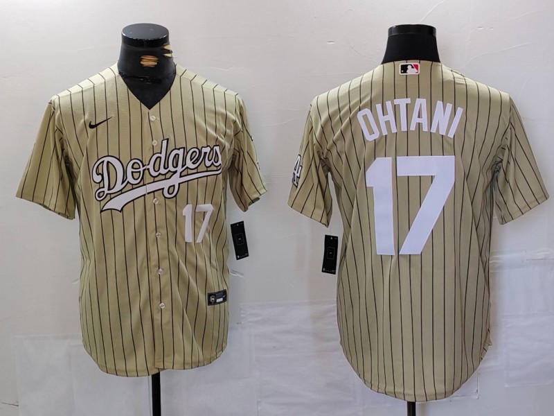 Men's Los Angeles Dodgers #17 Shohei Ohtani Number Cream Pinstripe Cool Base Stitched Jersey
