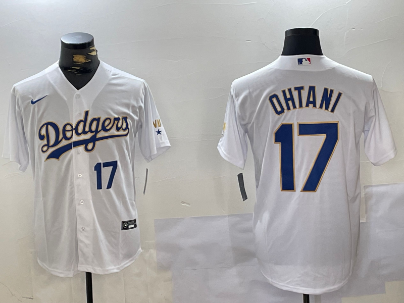 Men's Los Angeles Dodgers #17 Shohei Ohtani Number White Gold Championship Stitched Cool Base Nike Jerseys