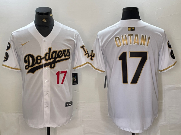 Men's Los Angeles Dodgers #17 Shohei Ohtani Number White Gold Fashion Stitched Cool Base Limited Jerseys